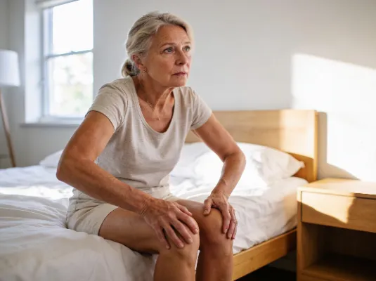 vrouw op de rand van haar bed die moeite heeft met opstaan vanwegen ochtend stijfheid